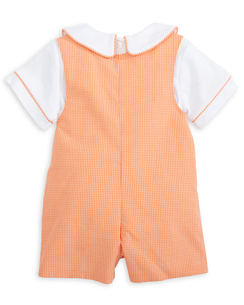 Proper Pumpkins Orange Gingham Shortall and Shirt Set with Pumpkin Embroidered Tabs