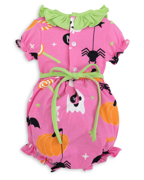 Boo! Pink Knit Halloween Print Bubble with Lime Green Ruffle Collar