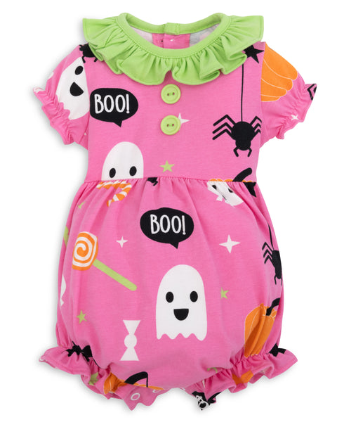 Boo! Pink Knit Halloween Print Bubble with Lime Green Ruffle Collar