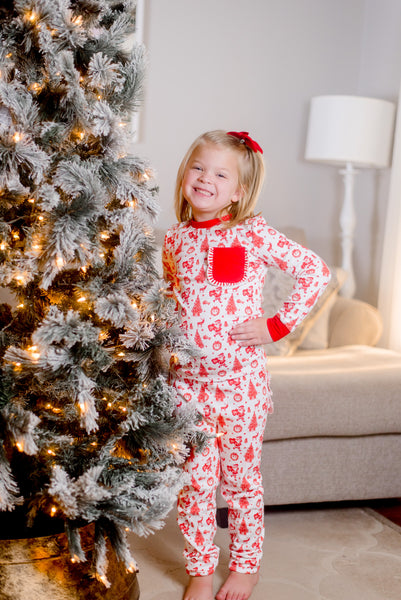 Old Fashioned Christmas Girls' Lounge 2 Piece Set with Ruffle Trim