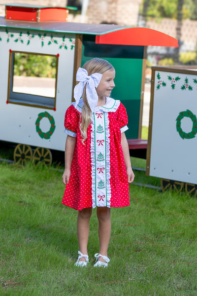 Deck the Halls Red Polka Dot A-Line Dress with Christmas Tree and Bows Embroidery