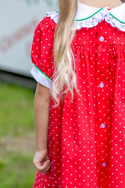 Deck the Halls Red Polka Dot A-Line Dress with Christmas Tree and Bows Embroidery