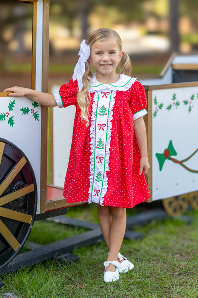 Deck the Halls Red Polka Dot A-Line Dress with Christmas Tree and Bows Embroidery
