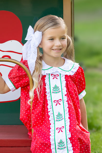 Deck the Halls Red Polka Dot A-Line Dress with Christmas Tree and Bows Embroidery
