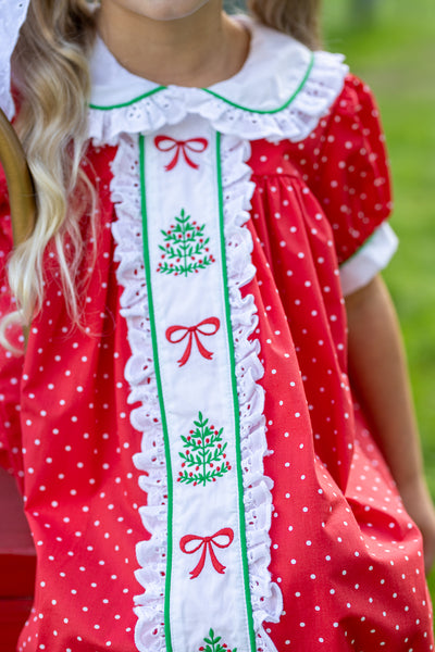 Deck the Halls Red Polka Dot A-Line Dress with Christmas Tree and Bows Embroidery