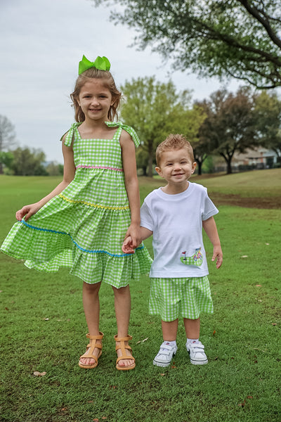 Fore! Boys' Knit Appliqued Golf Cart Shirt & Gingham Shorts Set