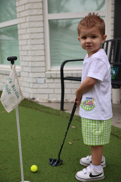 Fore! Boys' Knit Appliqued Golf Cart Shirt & Gingham Shorts Set