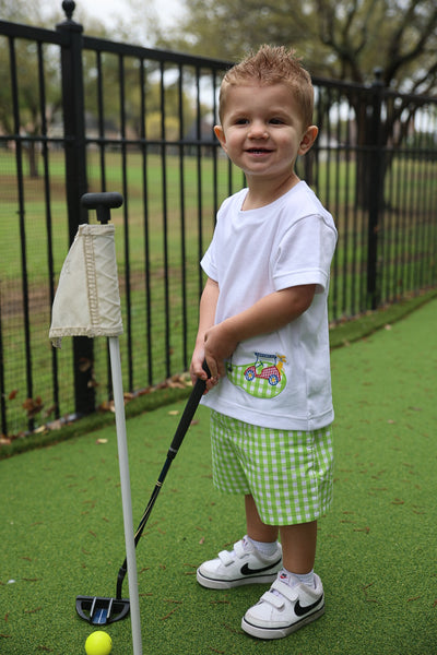 Fore! Boys' Knit Appliqued Golf Cart Shirt & Gingham Shorts Set