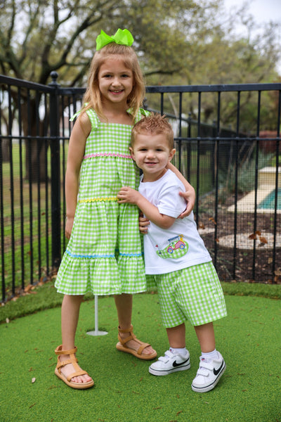 Fore! Boys' Knit Appliqued Golf Cart Shirt & Gingham Shorts Set
