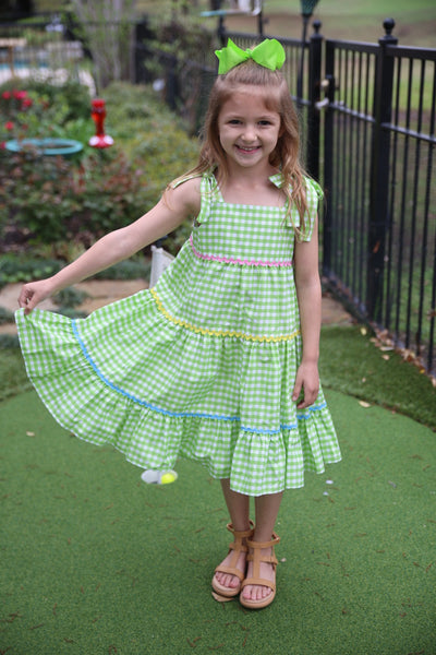 Fore! Girls' Tie Shoulder Gingham Tiered Dress