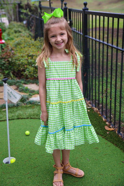 Fore! Girls' Tie Shoulder Gingham Tiered Dress