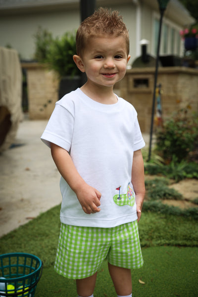 Fore! Boys' Knit Appliqued Golf Cart Shirt & Gingham Shorts Set