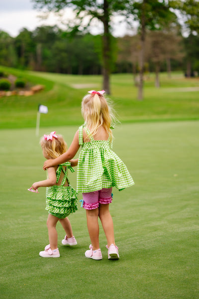Fore! Girls' Tie Shoulder Gingham Bubble with Golf Cart Applique