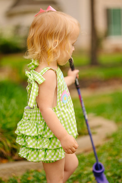Fore! Girls' Tie Shoulder Gingham Bubble with Golf Cart Applique