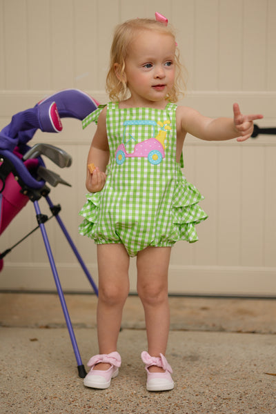 Fore! Girls' Tie Shoulder Gingham Bubble with Golf Cart Applique