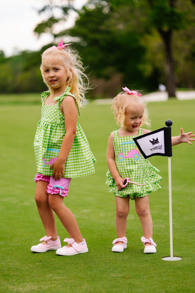 Fore! Girls' Tie Shoulder Gingham Bubble with Golf Cart Applique