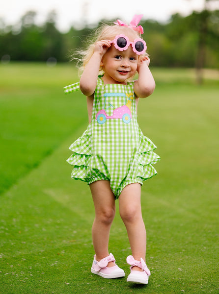 Fore! Girls' Tie Shoulder Gingham Bubble with Golf Cart Applique
