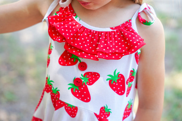 Knit Strawberry Print Tie Shoulder Dress