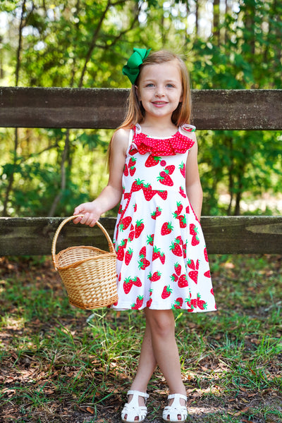 Knit Strawberry Print Tie Shoulder Dress