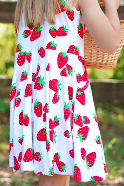 Knit Strawberry Print Tie Shoulder Dress
