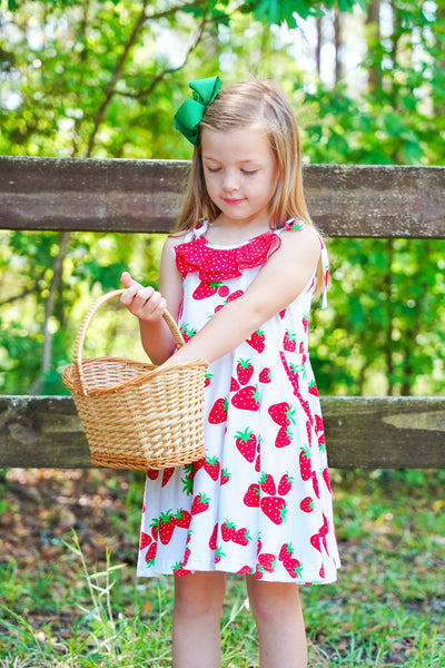 Knit Strawberry Print Tie Shoulder Dress