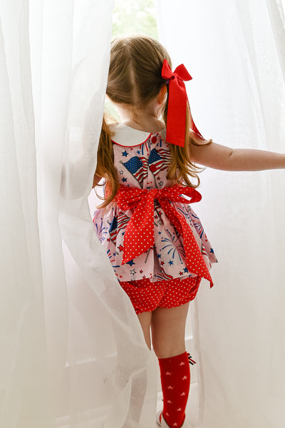 Fireworks Peter Pan Collar Flag Print Pink Top & Bloomer Set