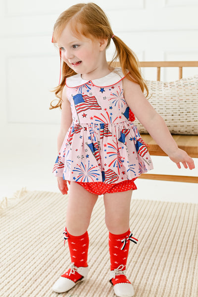 Fireworks Peter Pan Collar Flag Print Pink Top & Bloomer Set