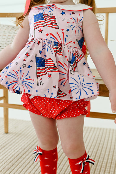 Fireworks Peter Pan Collar Flag Print Pink Top & Bloomer Set