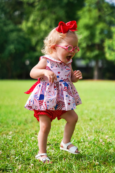 Fireworks Peter Pan Collar Flag Print Pink Top & Bloomer Set