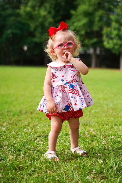 Fireworks Peter Pan Collar Flag Print Pink Top & Bloomer Set
