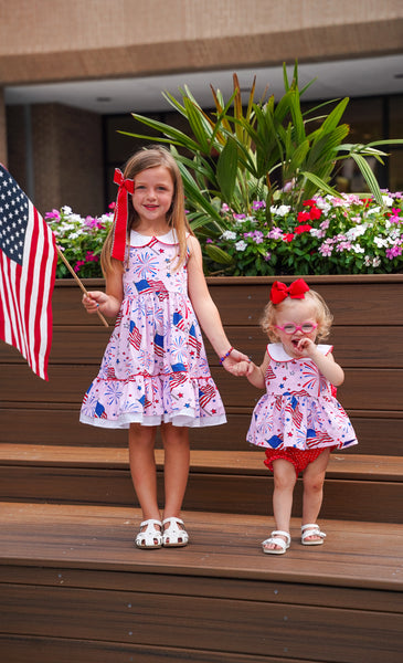 Fireworks Peter Pan Collar Flag Print Pink Top & Bloomer Set