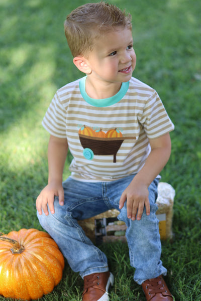 Pumpkin Harvest Boys' Tan Stripe Knit Shirt with Pumpkin Wheelbarrow Applique