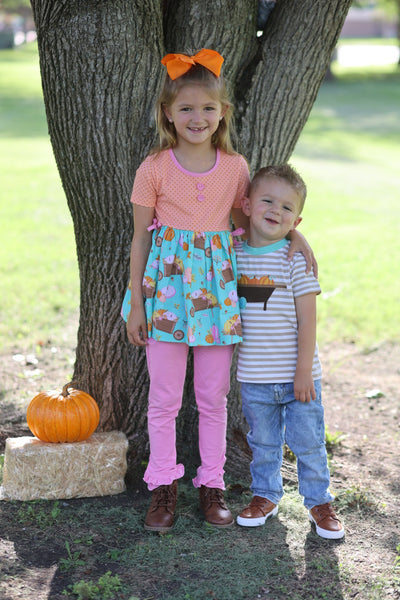 Pumpkin Harvest Boys' Tan Stripe Knit Shirt with Pumpkin Wheelbarrow Applique