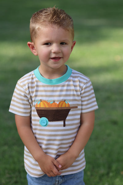 Pumpkin Harvest Boys' Tan Stripe Knit Shirt with Pumpkin Wheelbarrow Applique