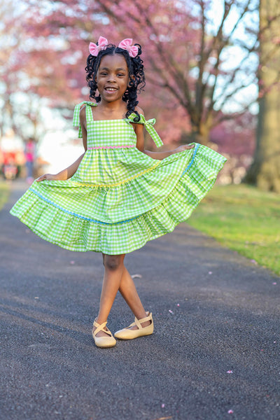 Fore! Girls' Tie Shoulder Gingham Tiered Dress