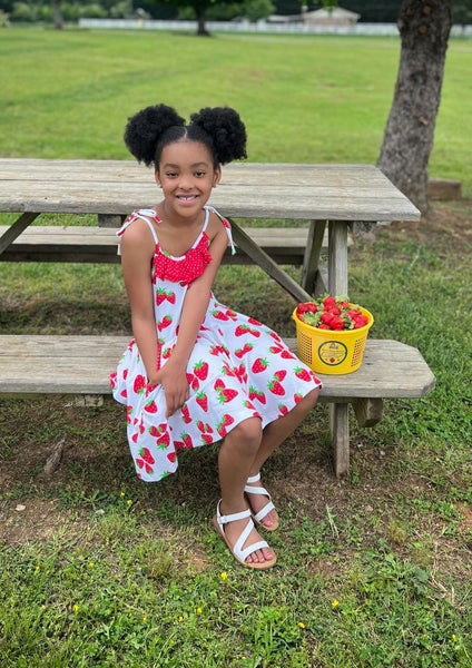 Knit Strawberry Print Tie Shoulder Dress