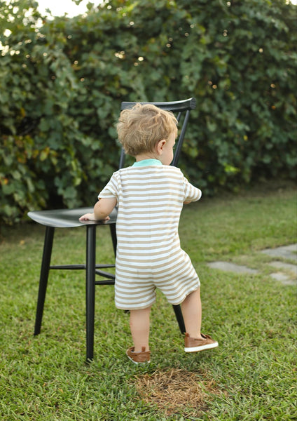 Pumpkin Harvest Boys' Tan Stripe Knit Romper with Pumpkin Wheelbarrow Applique