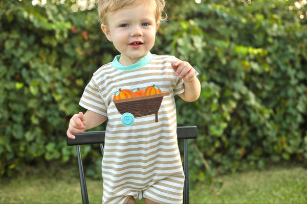 Pumpkin Harvest Boys' Tan Stripe Knit Romper with Pumpkin Wheelbarrow Applique