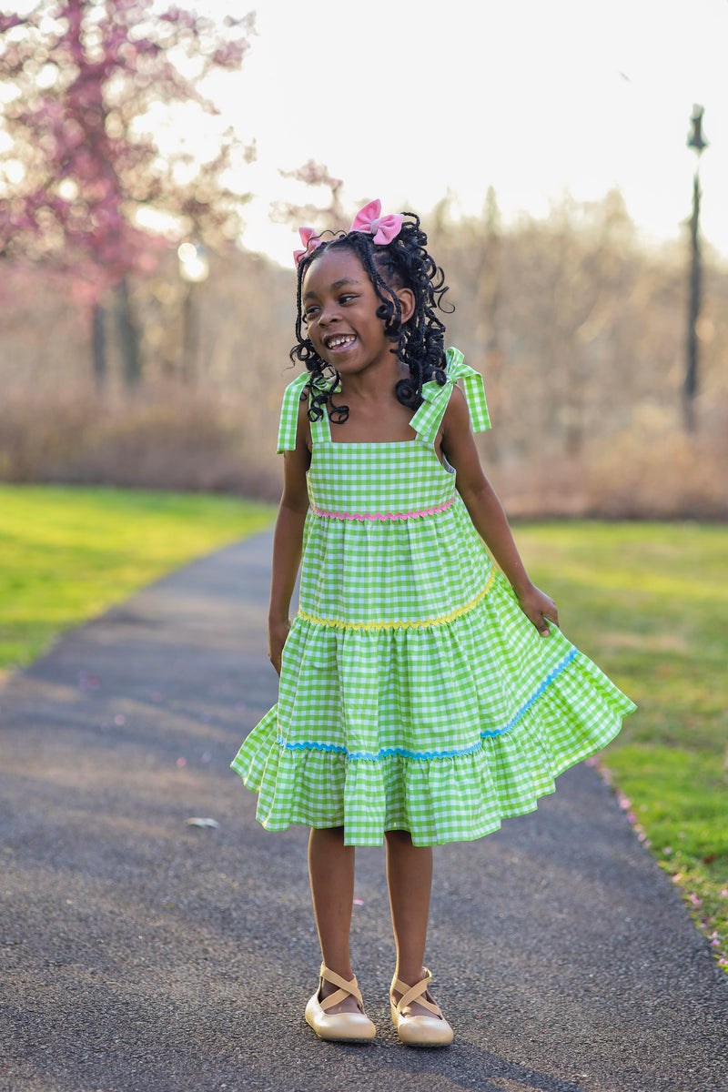 Fore! Girls' Tie Shoulder Gingham Tiered Dress 6M