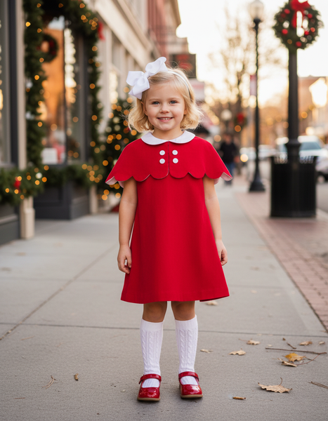 PREORDER - The Capelet Dress in Evelyn - Red Pinwale Corduroy