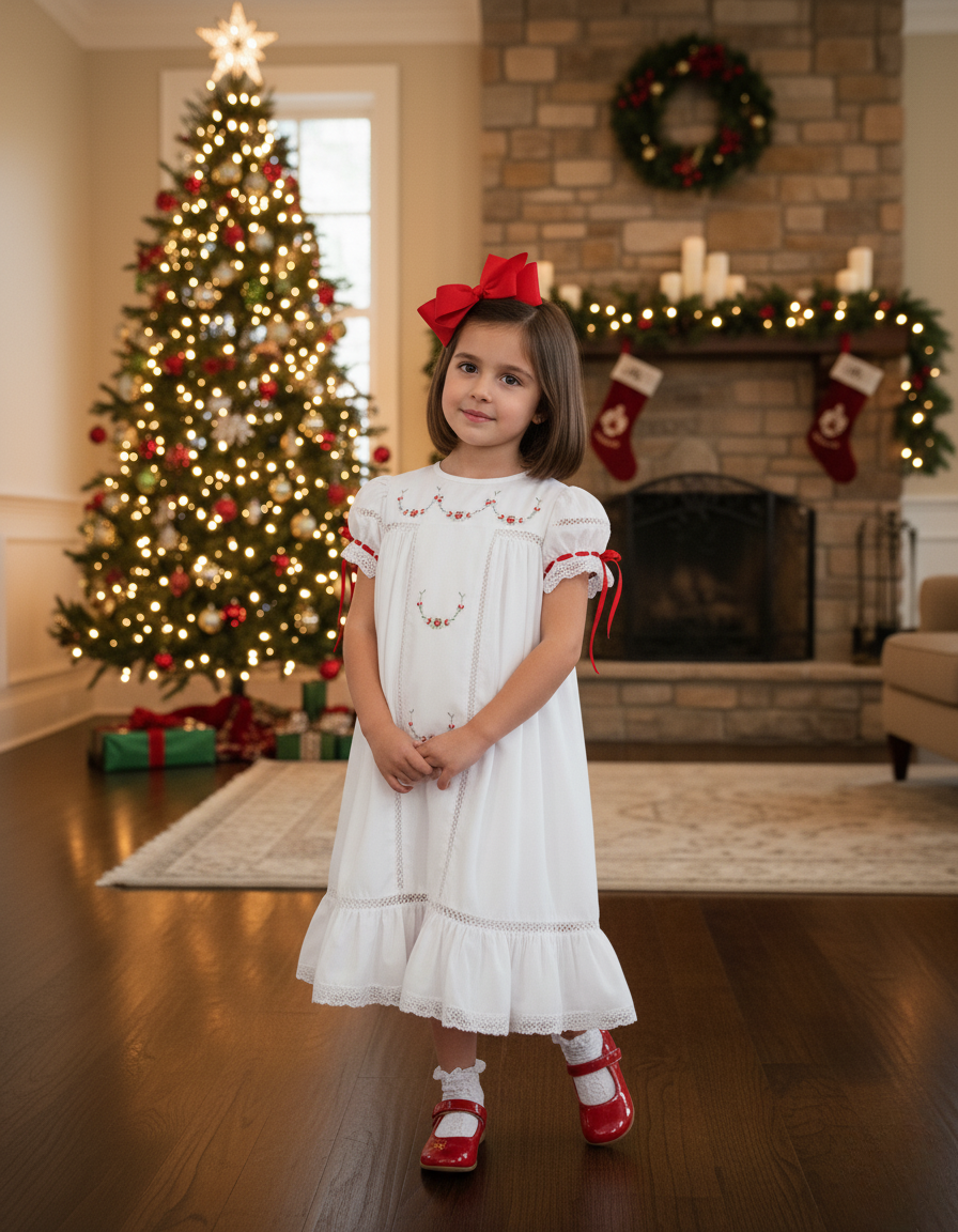 Gilded Noel Holiday Christmas Hand Embroidered White Heirloom Portrait Dress 8
