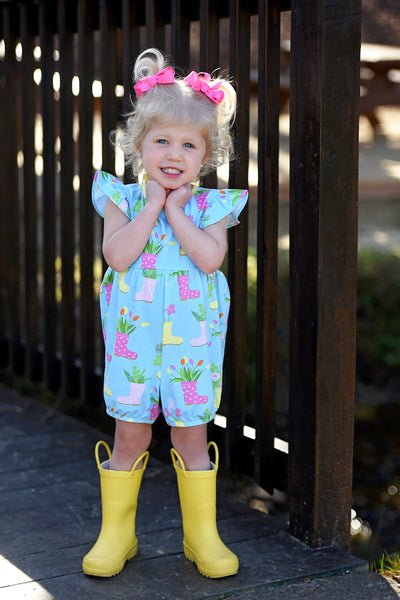 April Showers Rainboot Print Knit Romper