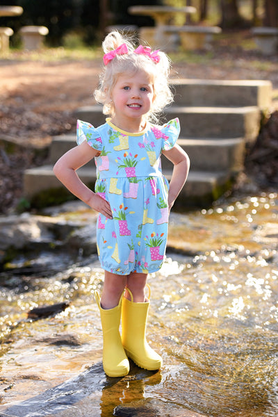 April Showers Rainboot Print Knit Romper
