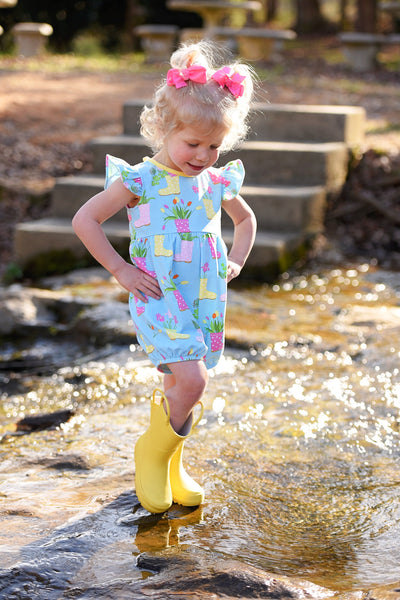 April Showers Rainboot Print Knit Romper