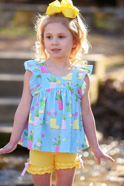 April Showers Rainboot Print Knit Flutter Top and Ruffle Shorts Set