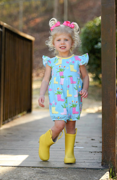 April Showers Rainboot Print Knit Romper