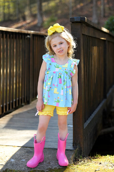 April Showers Rainboot Print Knit Flutter Top and Ruffle Shorts Set