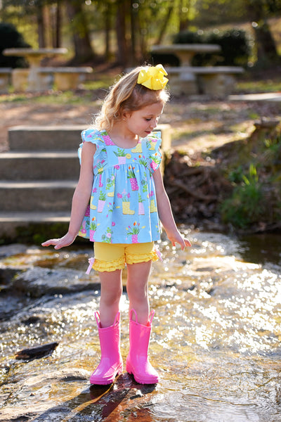 April Showers Rainboot Print Knit Flutter Top and Ruffle Shorts Set