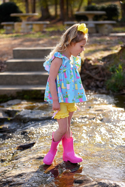 April Showers Rainboot Print Knit Flutter Top and Ruffle Shorts Set