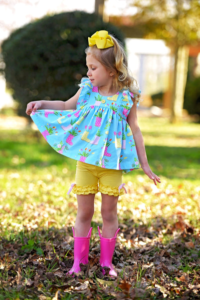 April Showers Rainboot Print Knit Flutter Top and Ruffle Shorts Set
